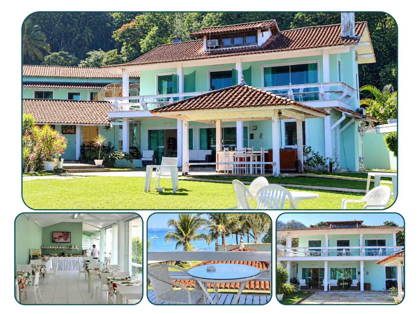 Pousada pé na Areia: fachada, jardim, sala do café da manhã e varandas