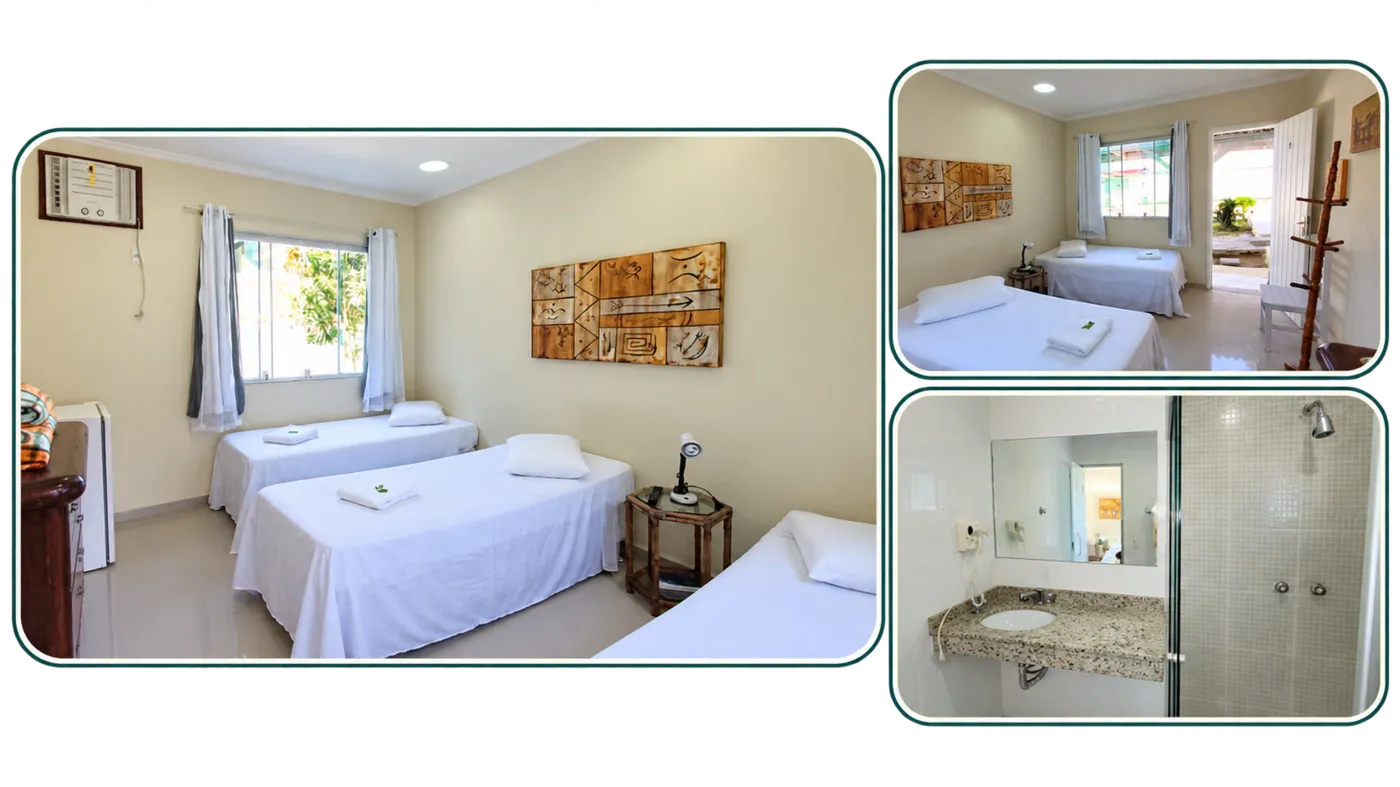 Pousada pé na Areia: apartamentos e banheiro